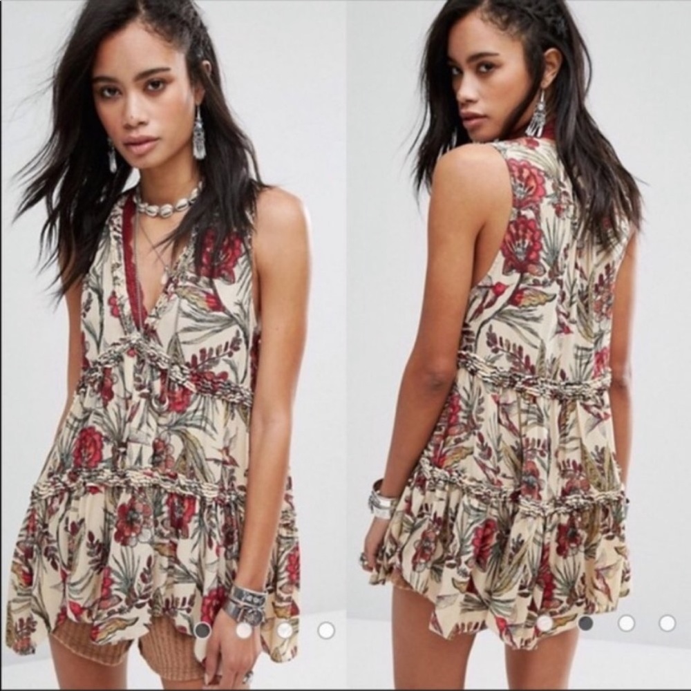 Free People Purple Haze Floral and Bird Print Tunic/ Mini Dress sz XS